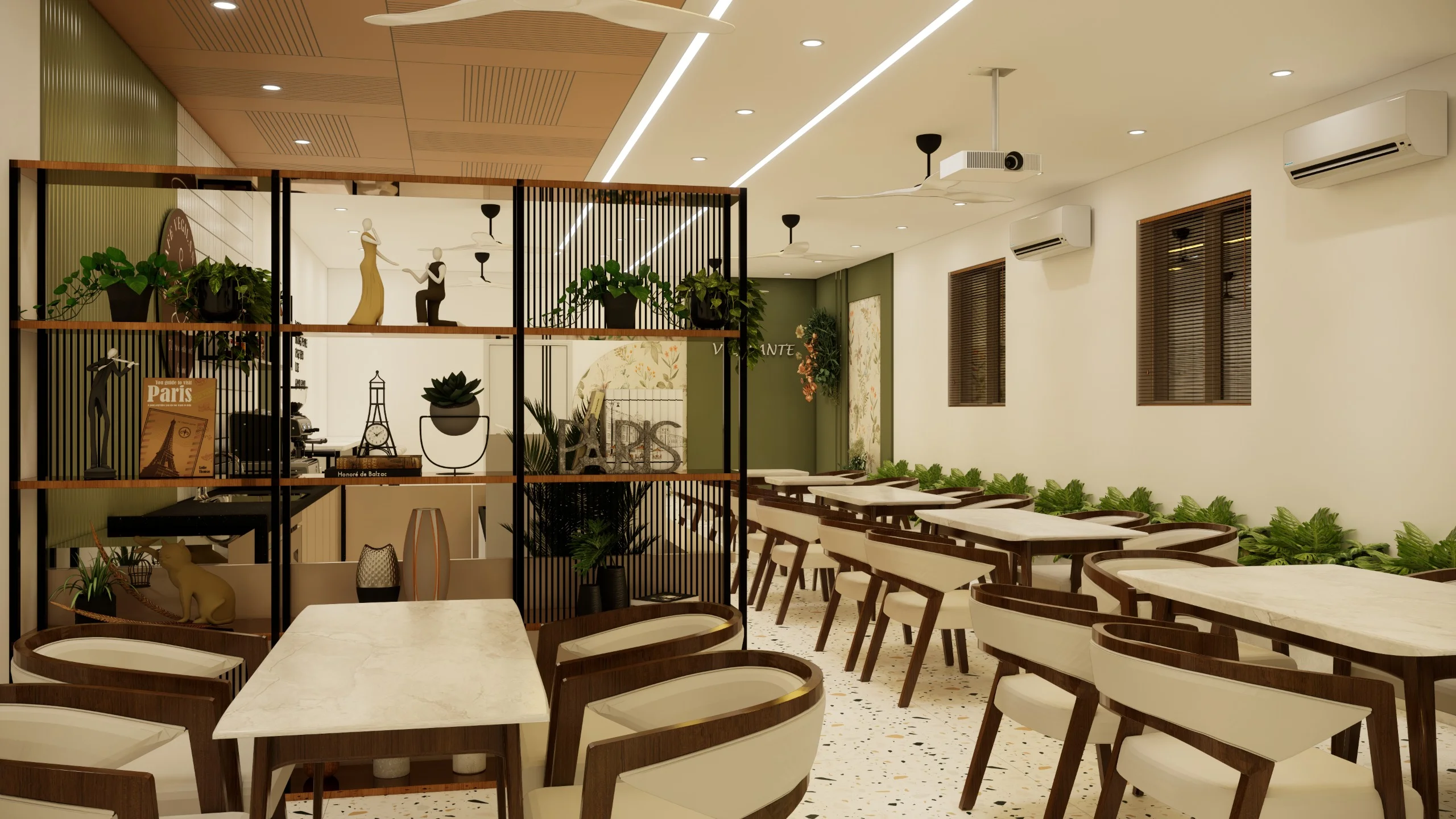 Modern café theme interior with warm lighting