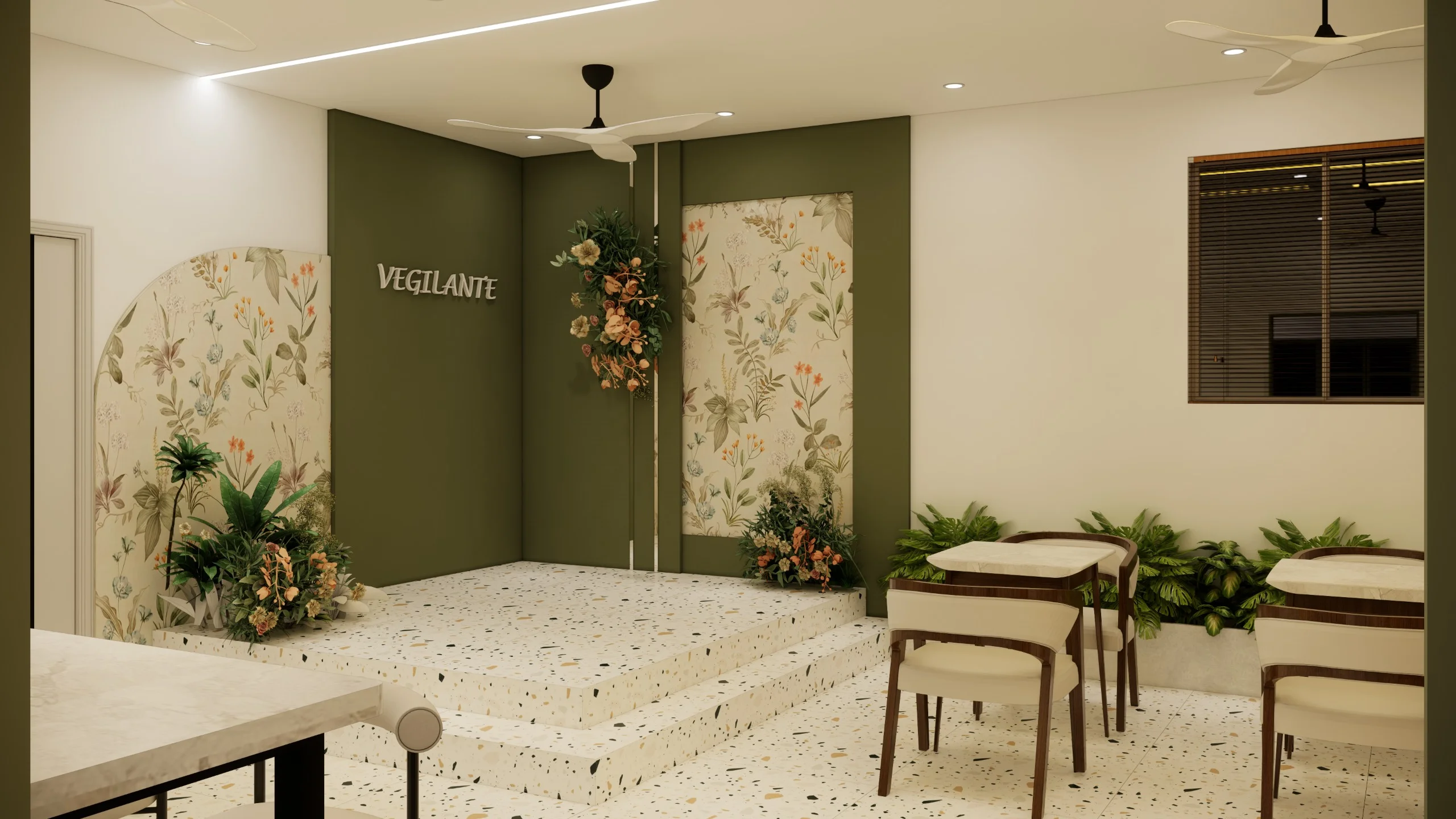 Café lighting and seating arrangement design