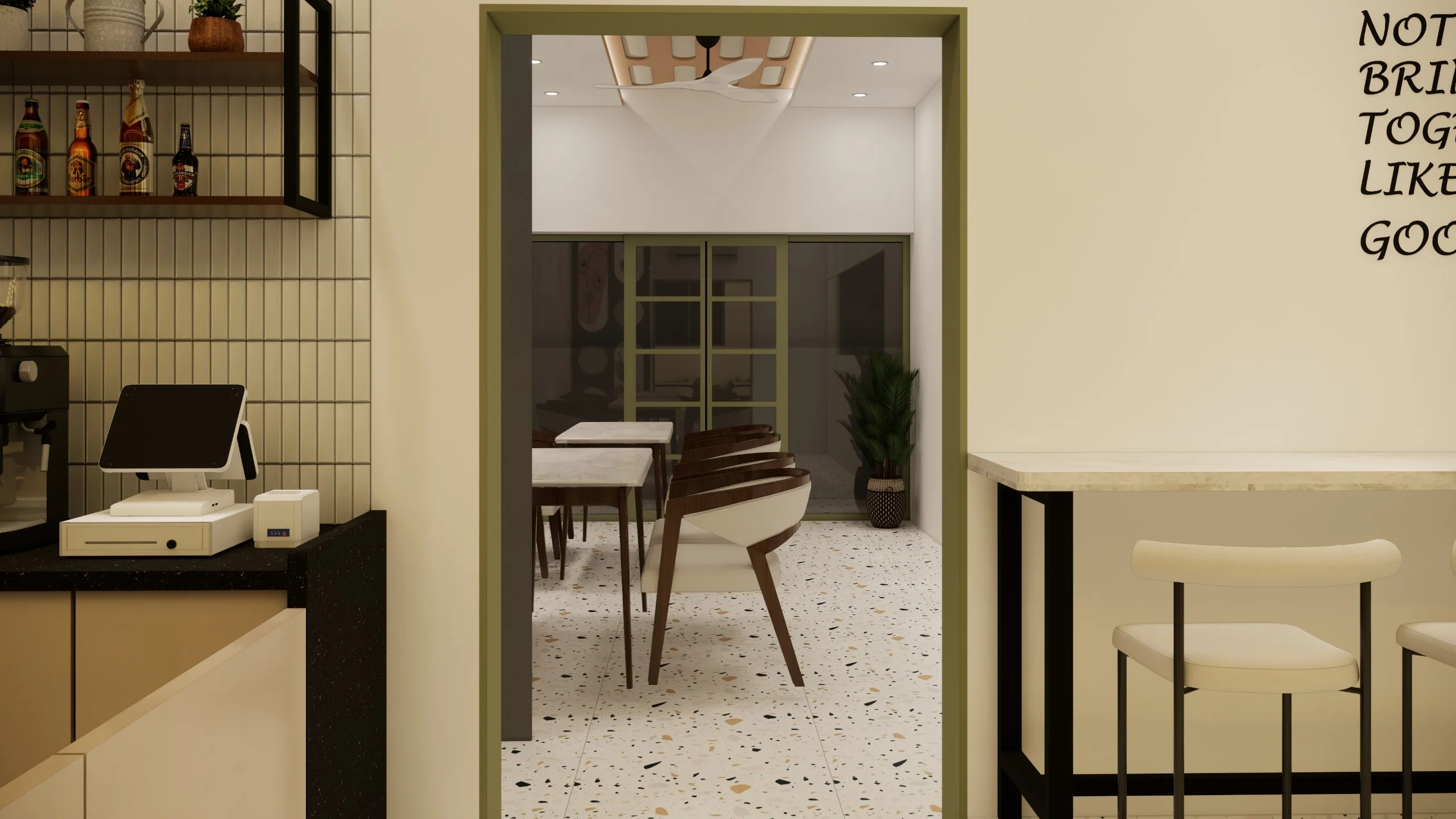 Cozy café interior with modern furniture layout