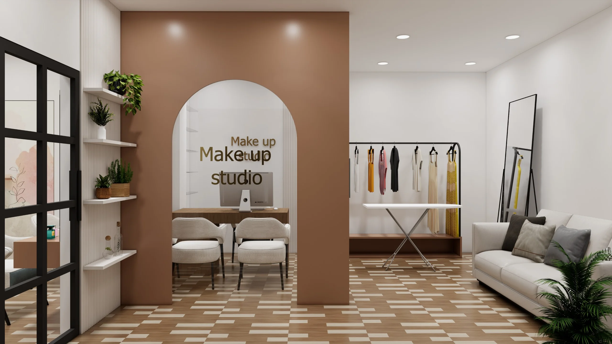 Modern beauty studio design with stylish lighting setup