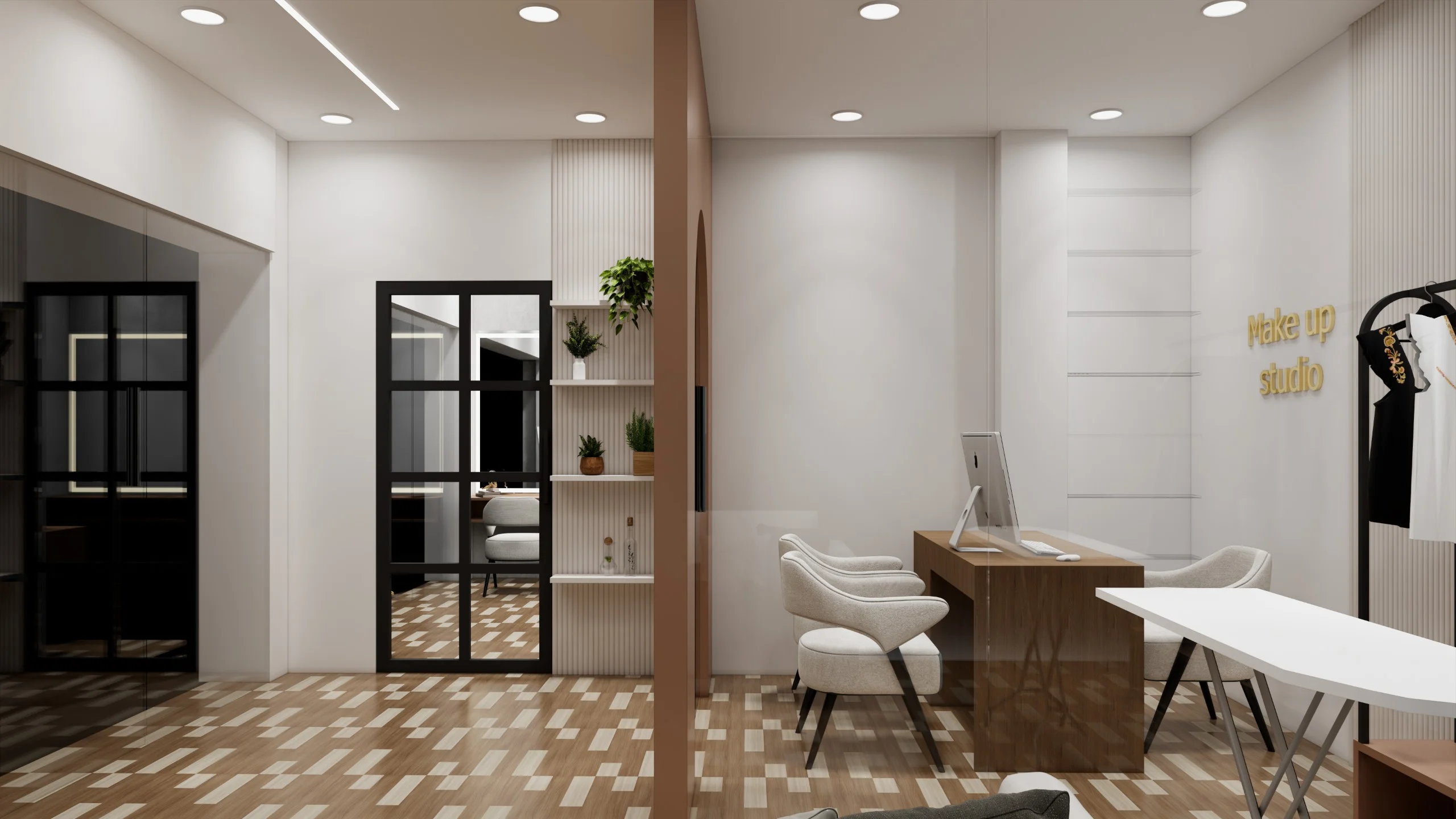 Luxury makeup studio interior design with mirrors lighting and elegant seating